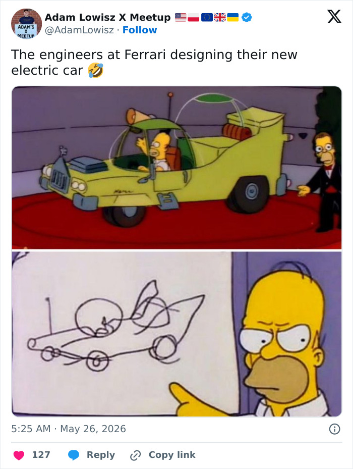 Cartoon Homer Simpson drawing crude Ferrari electric car design