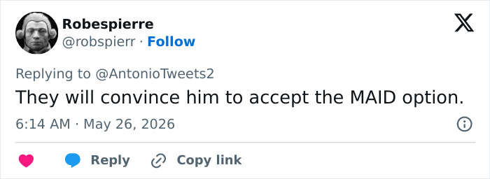 Tweet suggesting convincing a man to accept MAID option