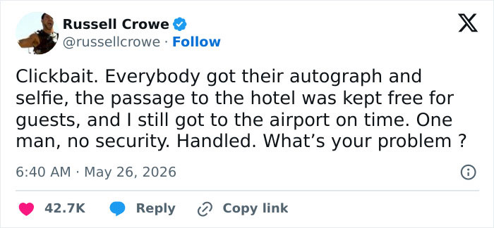 Screenshot of Russell Crowe scathing Twitter retort about viral fan video