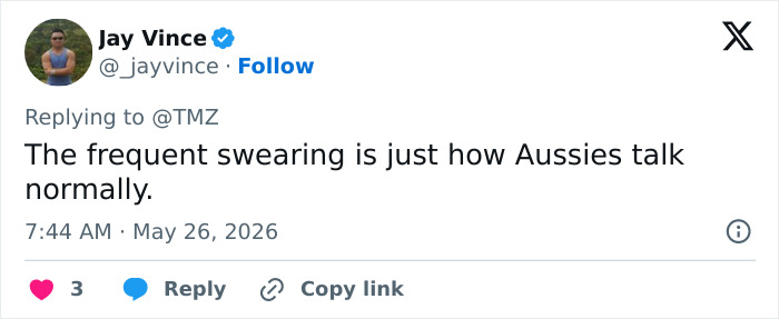 Tweet explaining Aussies frequently swear in normal speech