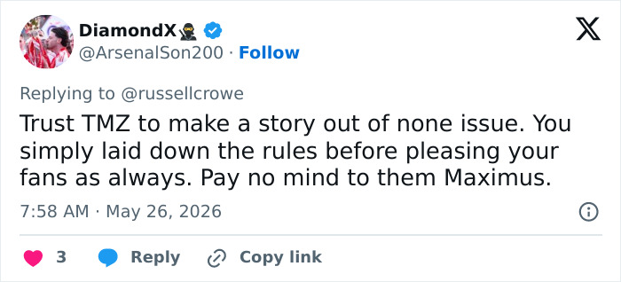 User defends Russell Crowe on social media saying he set rules for fans calmly