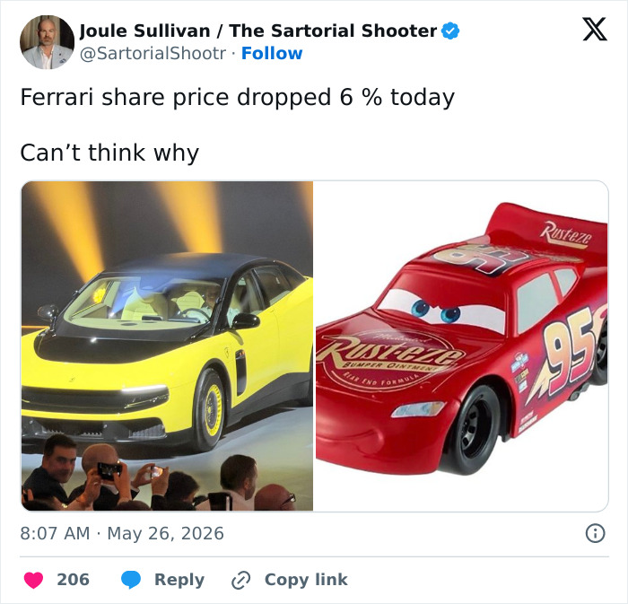 Ferrari electric car compared to Lightning McQueen toy in stock drop tweet