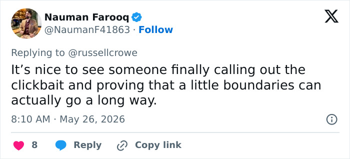 Social media comment praises Russell Crowe for calling out clickbait and setting boundaries