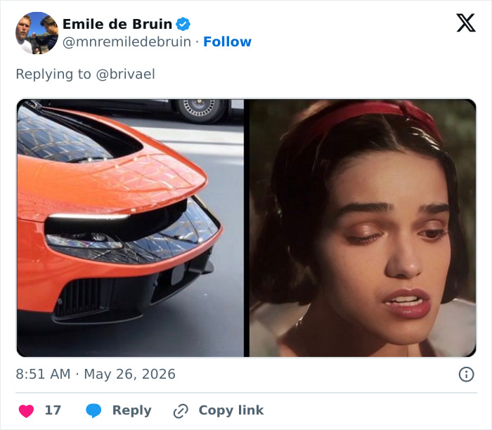 Side view of Ferrari Luce electric car compared to surprised woman