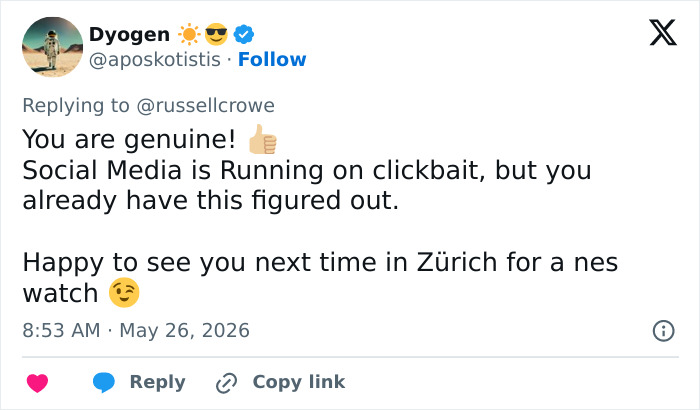 Comment on Russell Crowe's genuine response to social media clickbait