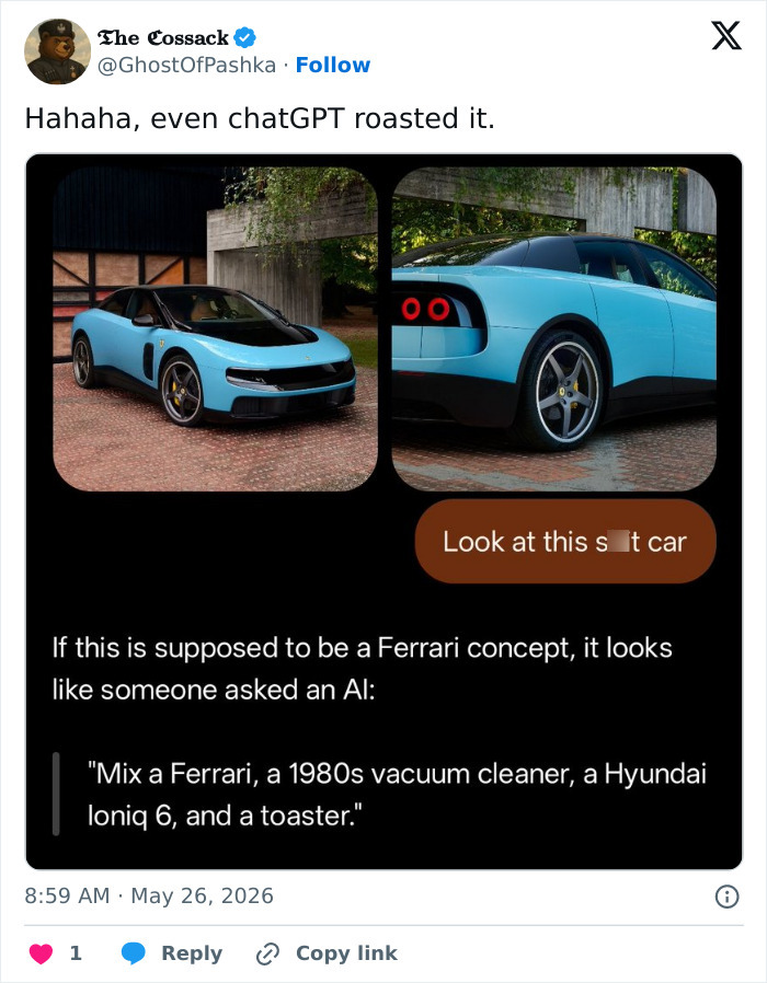 Side and rear view of Ferrari electric car concept roasted online with vacuum cleaner comparison