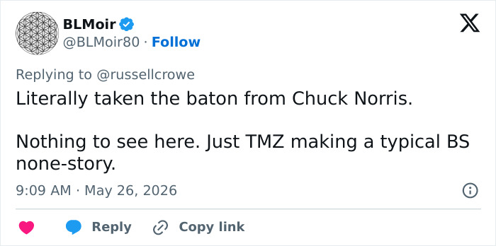 Tweet dismissing viral video as TMZ typical story about Russell Crowe
