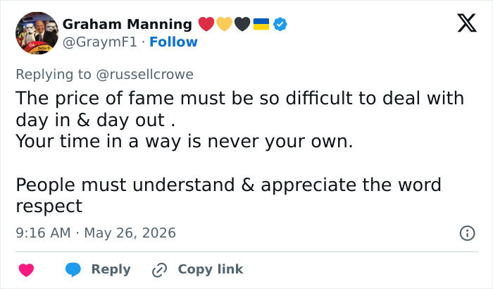 Tweet about the price of fame and the importance of respect for celebrities