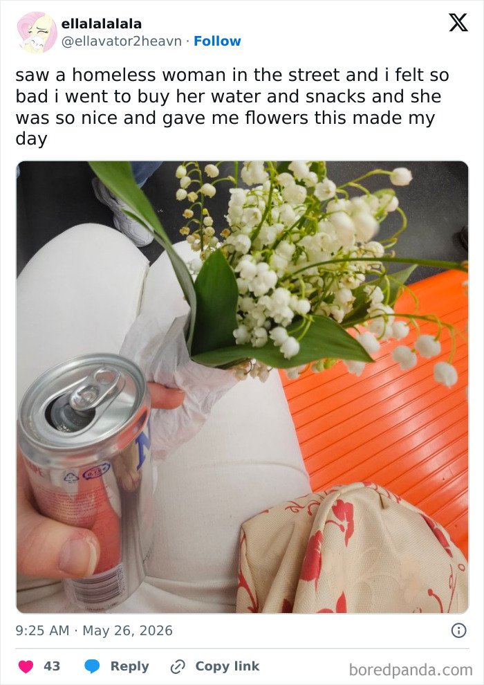 Bouquet of flowers and a drink given by a homeless woman in a life-affirming kindness story