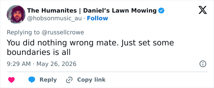 Supportive message on social media says Russell Crowe set boundaries and did nothing wrong