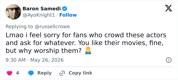 Tweet expressing sympathy for fans crowding actors like Russell Crowe