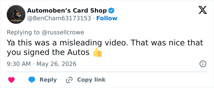 Social media user calls viral video misleading but appreciates Russell Crowe signing autos