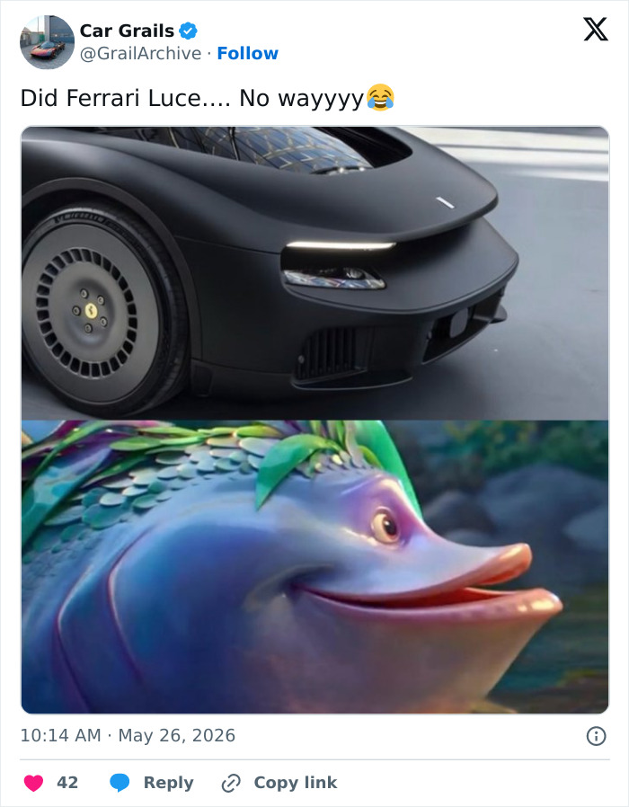Black Ferrari Luce electric car and animated fish meme mock Ferrari design