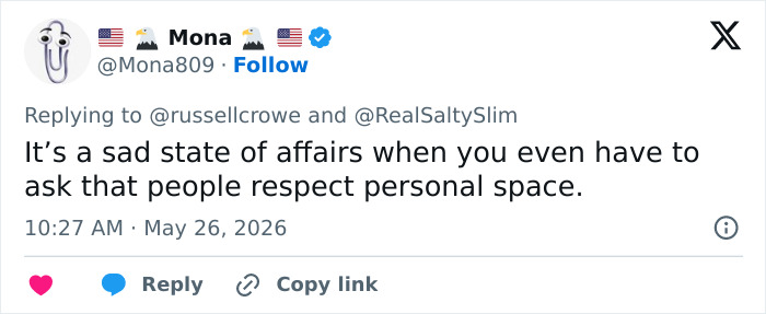 User laments lack of respect for personal space in Russell Crowe video