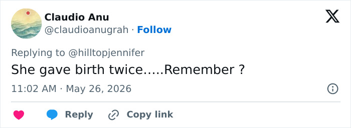 Comment discussing Meghan Markle giving birth twice and its impact on appearance