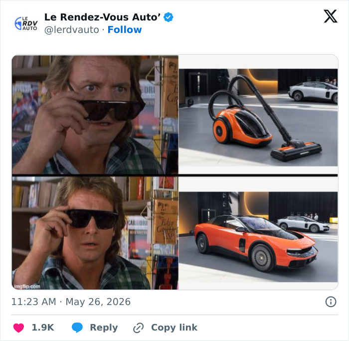 Meme comparing Ferrari Luce electric car to a vacuum cleaner