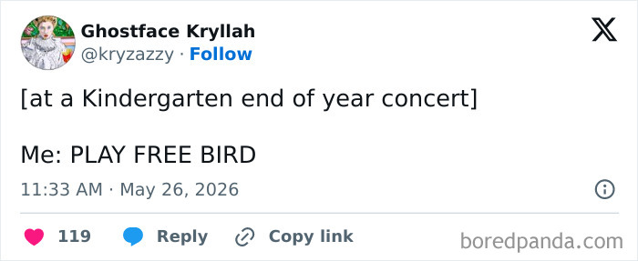 Parent humor about requesting to play Free Bird at Kindergarten concert tweet