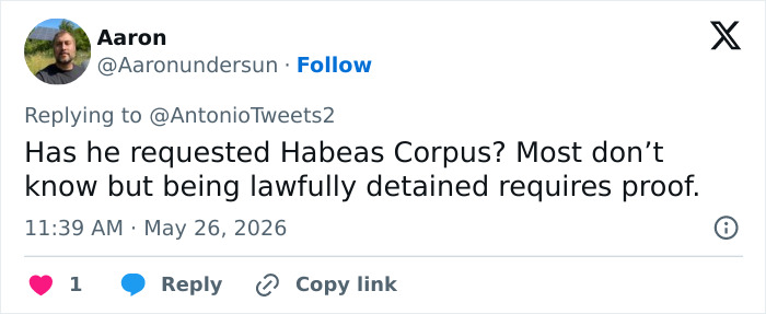 Tweet about legal request for habeas corpus in medically kidnapped detention case