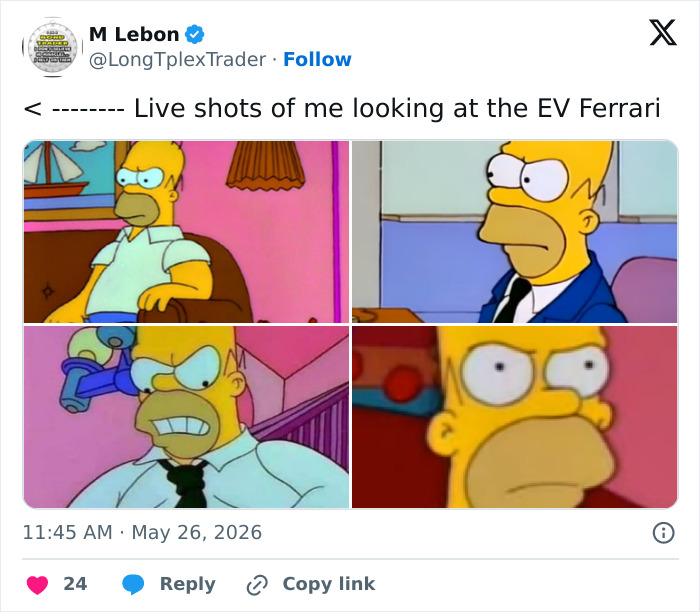 Homer Simpson memes showing angry reactions to Ferrari electric car debut
