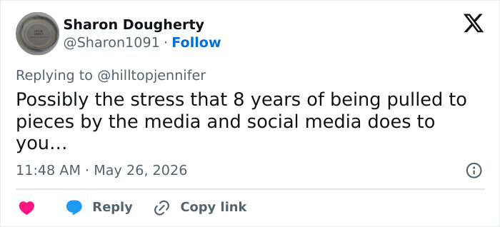Tweet discussing stress from 8 years of media scrutiny relating to Meghan Markle&rsquo;s appearance