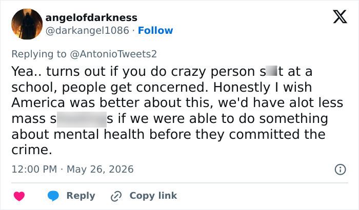 Tweet about mental health concerns in medically kidnapped school shooting context
