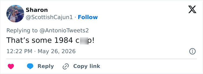 Tweet calling situation 1984 censorship in medically kidnapped story