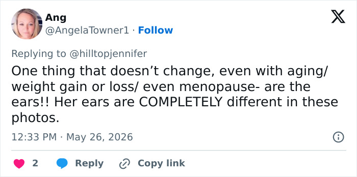 Comment highlighting differences in Meghan Markle's ears despite aging and weight changes
