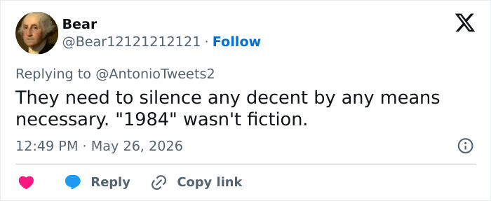 Tweet discussing silencing dissent referencing 1984 in medically kidnapped case