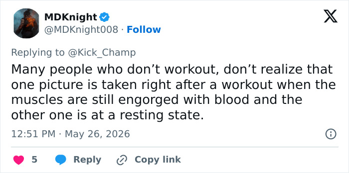 Tweet explaining workout affects muscle appearance in looksmaxxing influencer transformation Tweet explaining workout affects muscle appearance in looksmaxxing influencer transformation