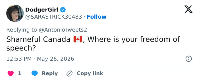 Tweet questioning freedom of speech in Canada
