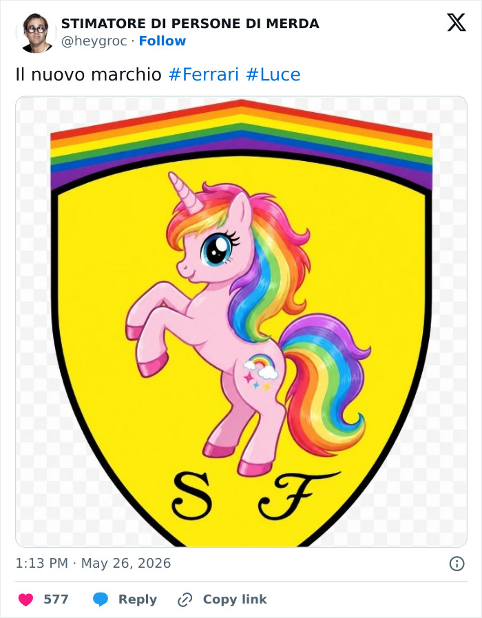 Rainbow unicorn on yellow shield with rainbow border parody Ferrari logo