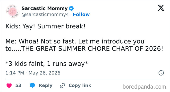Sarcastic parenting tweet on kids and great summer chore chart