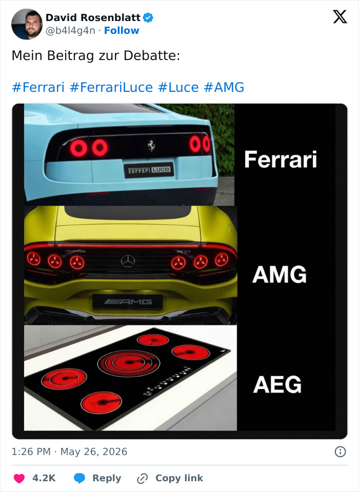 Ferrari Luce, AMG, and AEG cooking stove taunting Ferrari electric car design