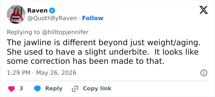 Tweet discussing Meghan Markle's altered jawline beyond weight and aging factors