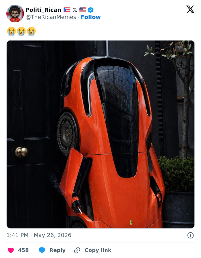 Ferrari fully electric car humorously crashed into wall resembling vacuum cleaner