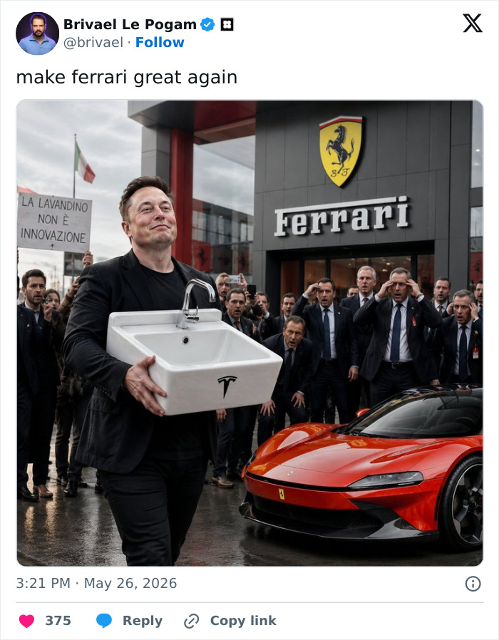 Photo of man carrying sink in front of Ferrari dealership with crowd behind meme about Ferrari