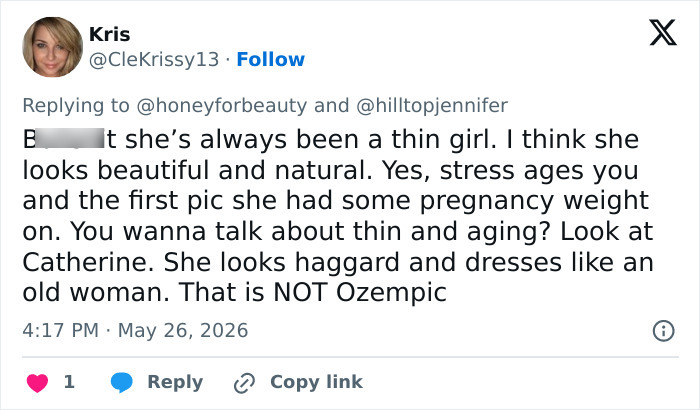 Tweet defending Meghan Markle's natural and thin appearance amid aging discussion