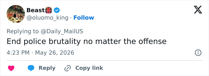 Tweet calling to end police brutality regardless of offense Tweet calling to end police brutality regardless of offense