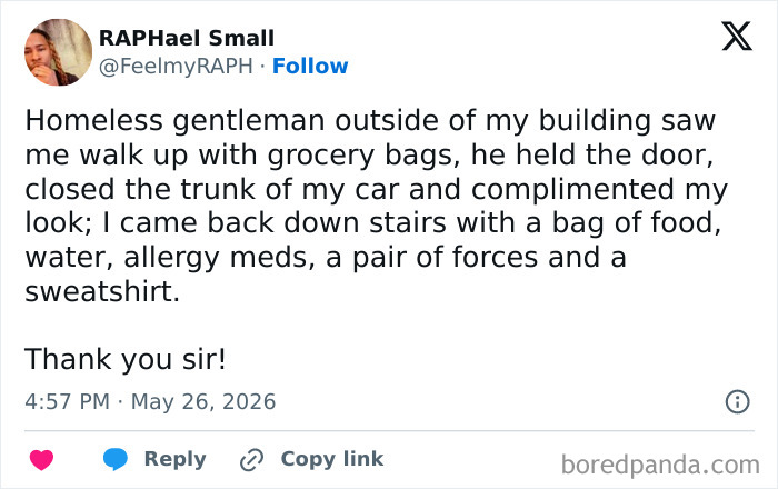 Homeless gentleman holding car trunk open after helping with grocery bags showing kindness