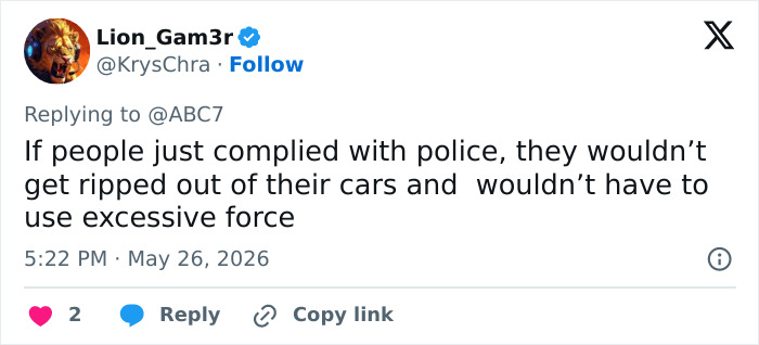 Tweet stating compliance with police would prevent use of excessive force Tweet stating compliance with police would prevent use of excessive force