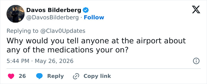 Tweet questioning why to disclose medications at airport in looksmaxxer incident
