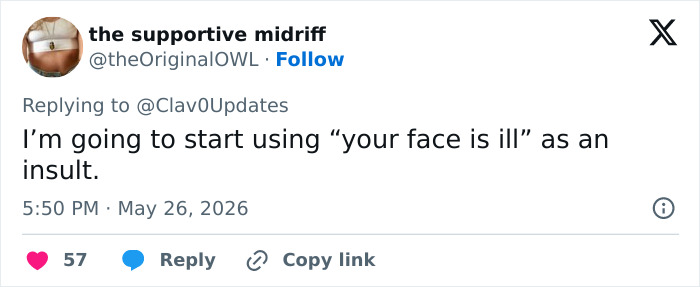 Tweet joking about using face is ill as insult in looksmaxxer context