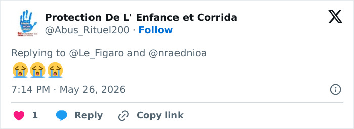 Tweet with crying emojis reacting to chilling discovery and arrest in France