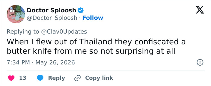 Tweet sharing story of confiscated butter knife on flight in looksmaxxer incident