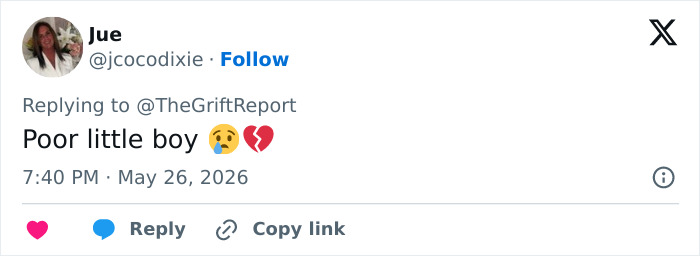 Tweet lamenting poor little boy with crying and broken heart emojis