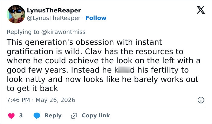 Tweet discussing looksmaxxing and fertility impacts from quitting steroids Tweet discussing looksmaxxing and fertility impacts from quitting steroids