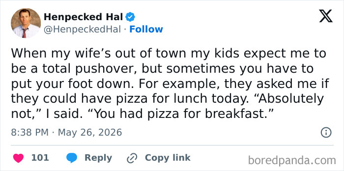 Humorous parenting tweet about saying no to pizza for lunch as a dad