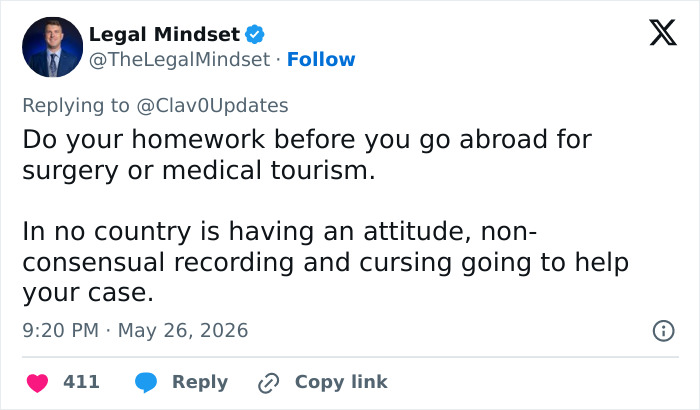 Tweet advising to research surgery or medical tourism before going abroad