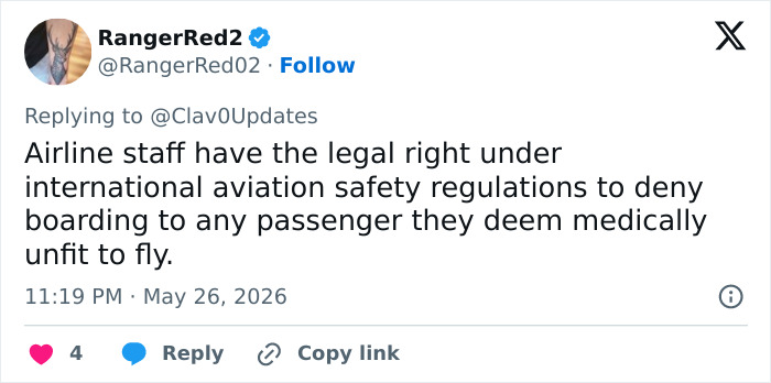Tweet explaining airline rights to deny boarding for medical reasons in looksmaxxer case