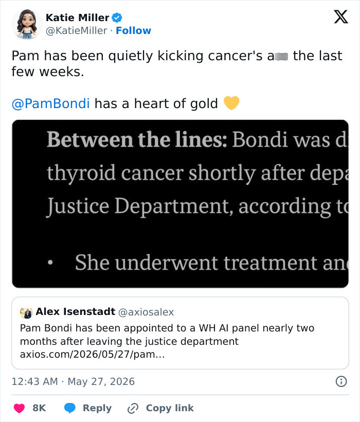 Tweet mentioning Pam Bondi's thyroid cancer diagnosis and treatment